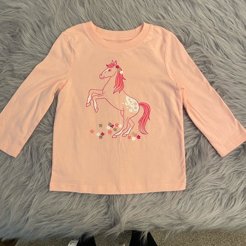 ☀️Cat & Jack Peach Horse Graphic Long Sleeve Tee
